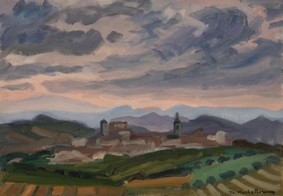 Spain Stop the Car — Oil painting, Fiberboard, 36.00×51.00cm — Theodoros Markellos